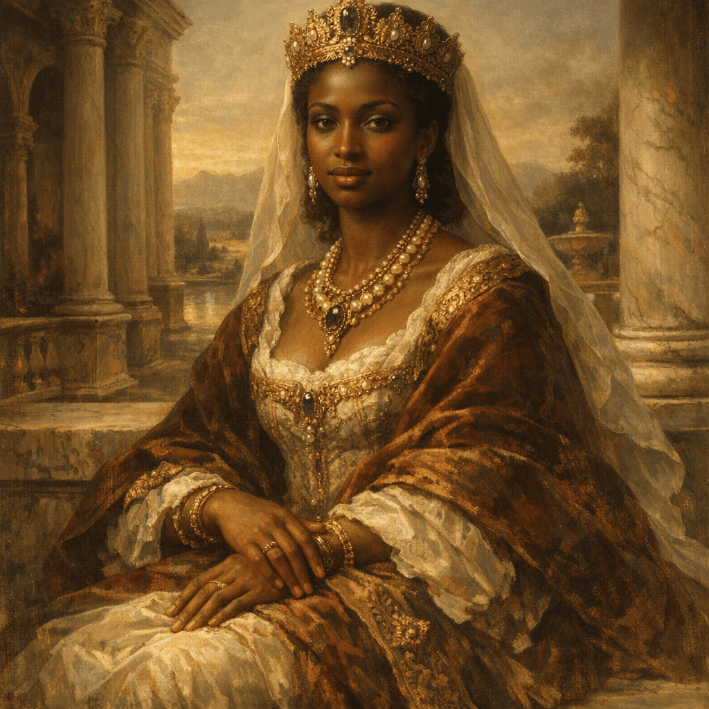 Regal African woman seated in a Renaissance palace courtyard