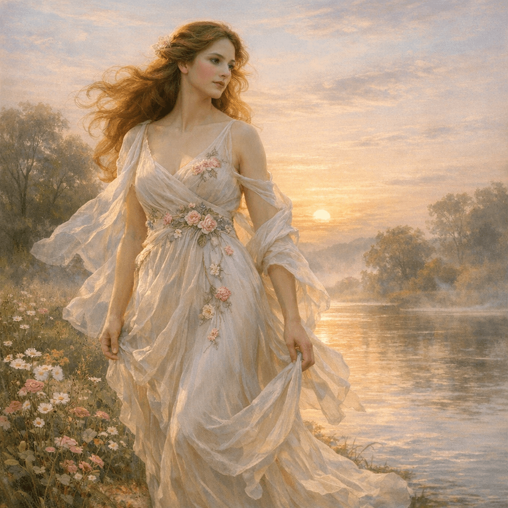 Graceful woman in flowing silk standing beside a river at sunrise