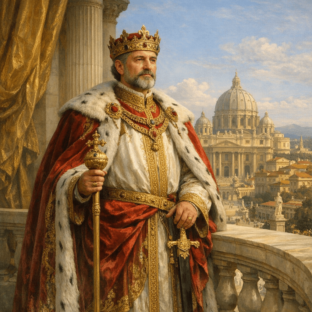 Powerful king in ceremonial robes standing on a balcony overlooking a city