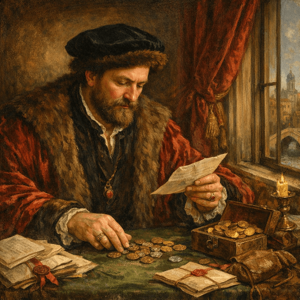 Wealthy merchant seated beside a window counting letters and coins