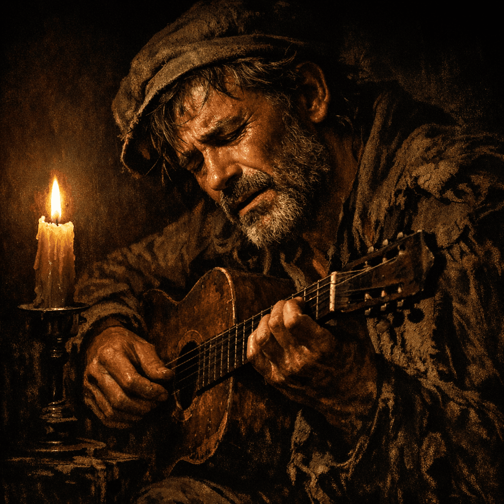 Dramatic portrait of a street musician under a single candle flame