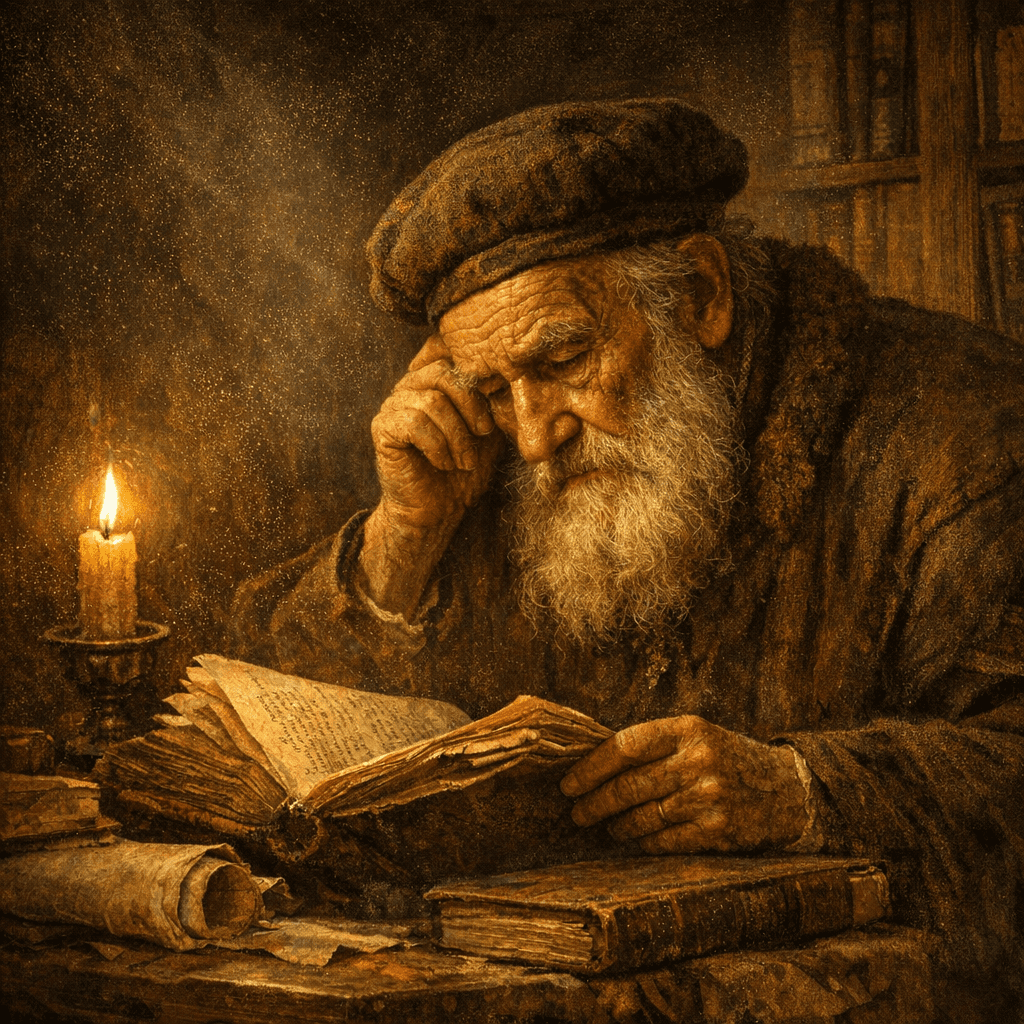 Elderly scholar reading ancient manuscripts in a dark library