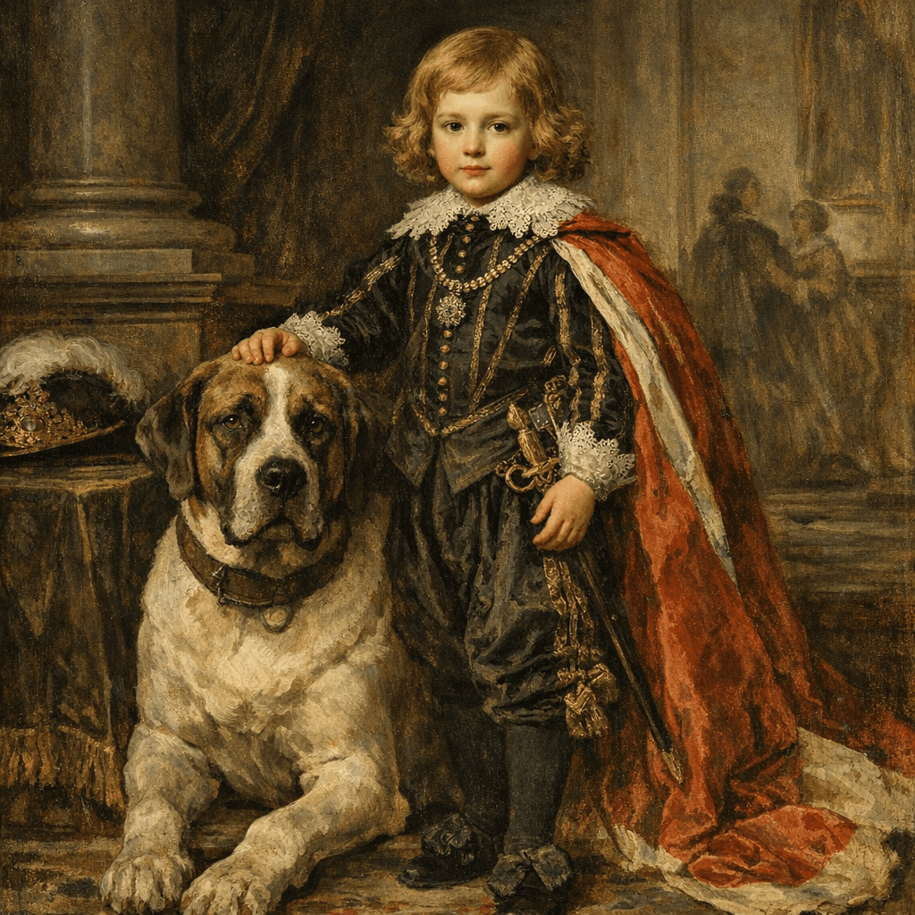 Royal child standing beside a large dog in a palace hall
