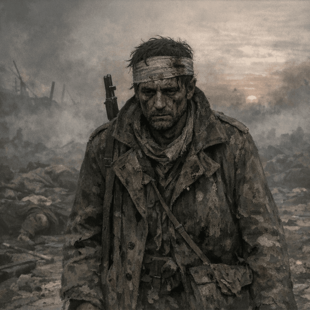 Haunting battlefield survivor walking through smoke at dawn
