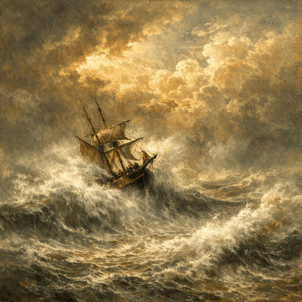 Stormy ocean with a small ship fighting giant waves