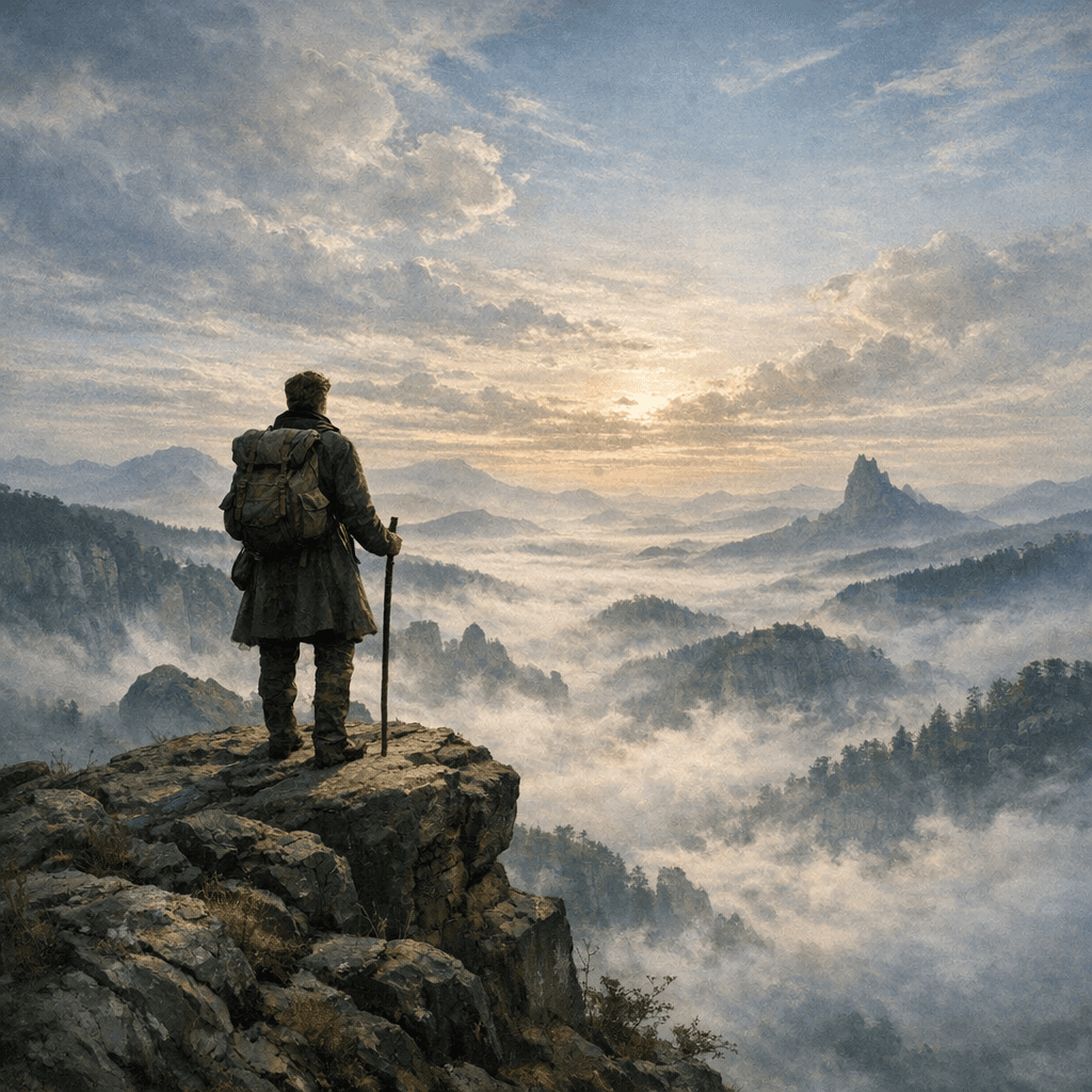 Lone traveler standing on a mountain cliff above misty valleys