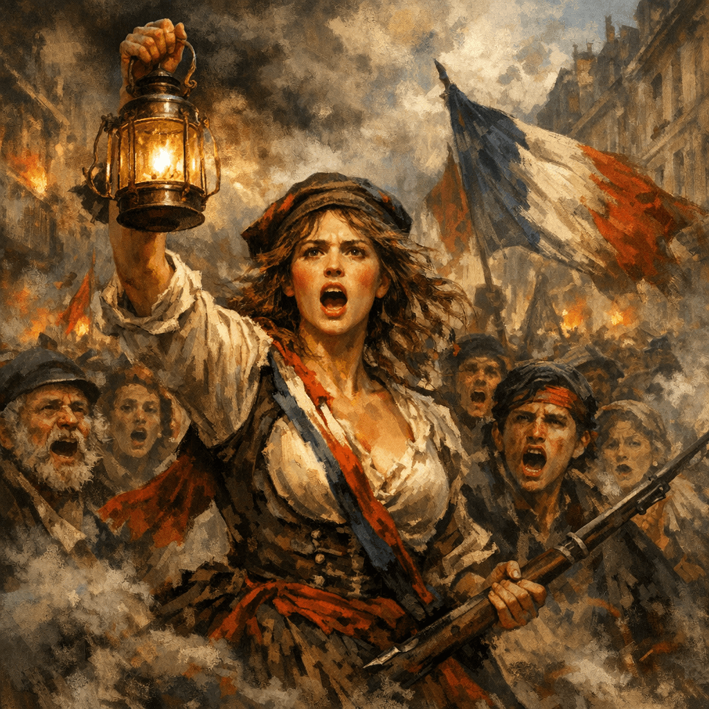 Revolutionary woman holding a lantern in a crowded city street