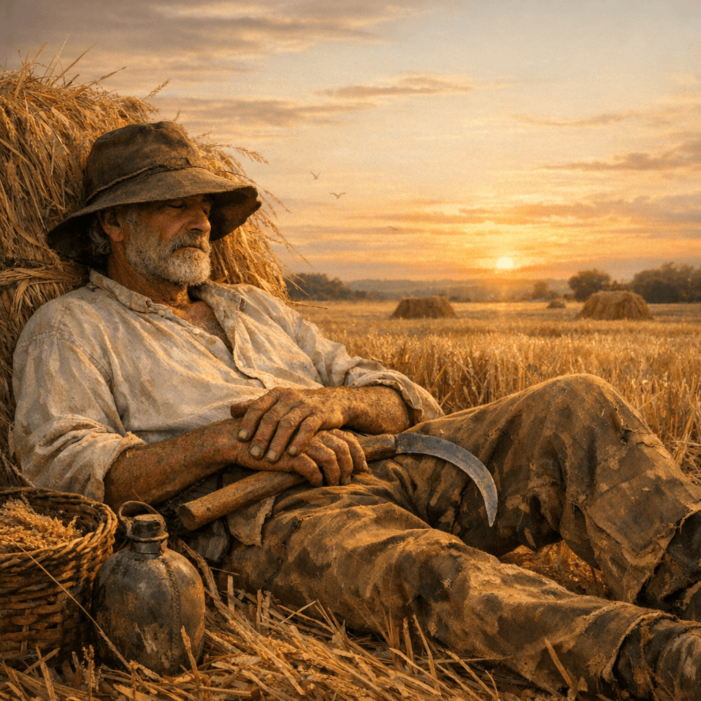 Farmer resting after harvest in a golden wheat field