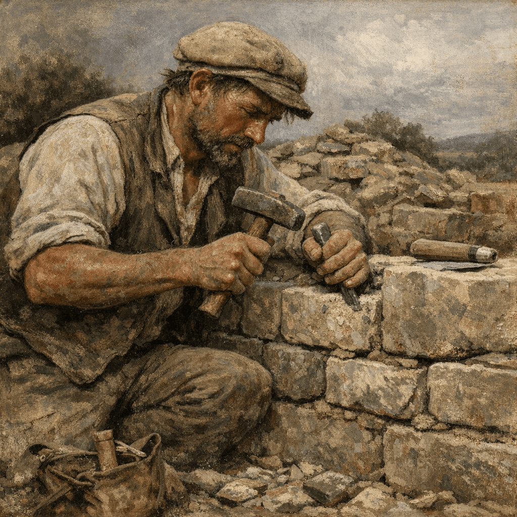 Stone mason working on a half-built wall