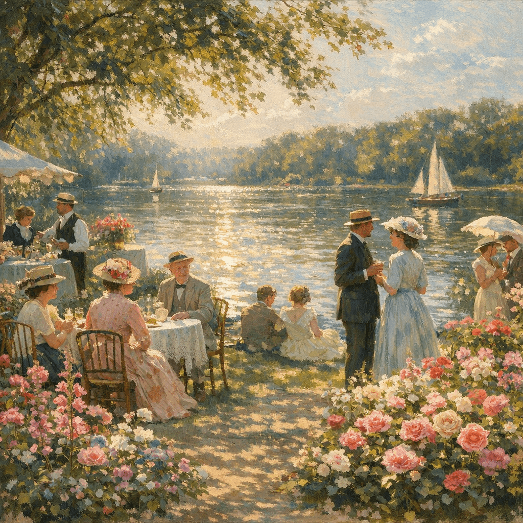 Garden party beside a lake