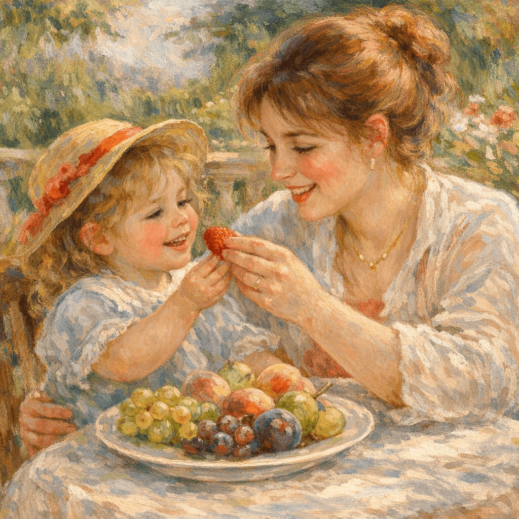 Mother and child sharing fruit on a sunny terrace