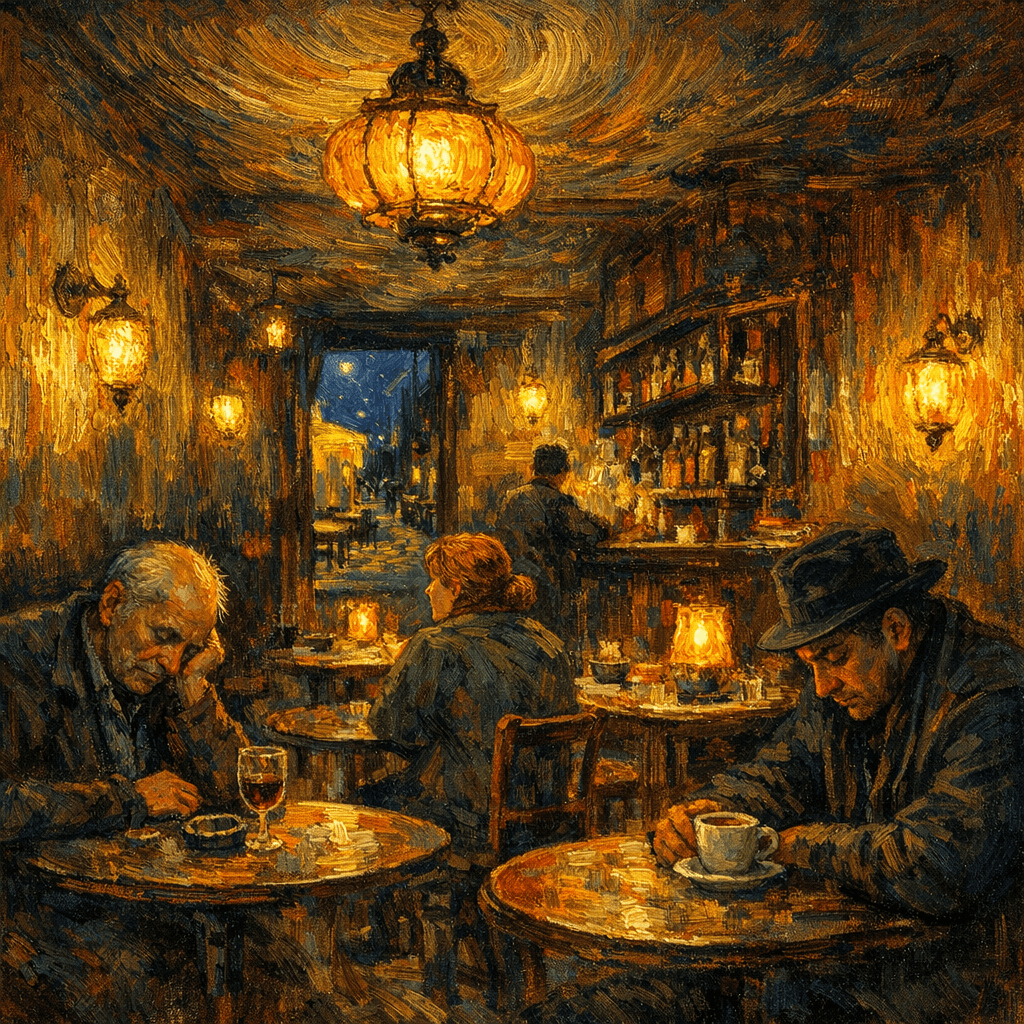 Night café interior with glowing lamps and lonely patrons