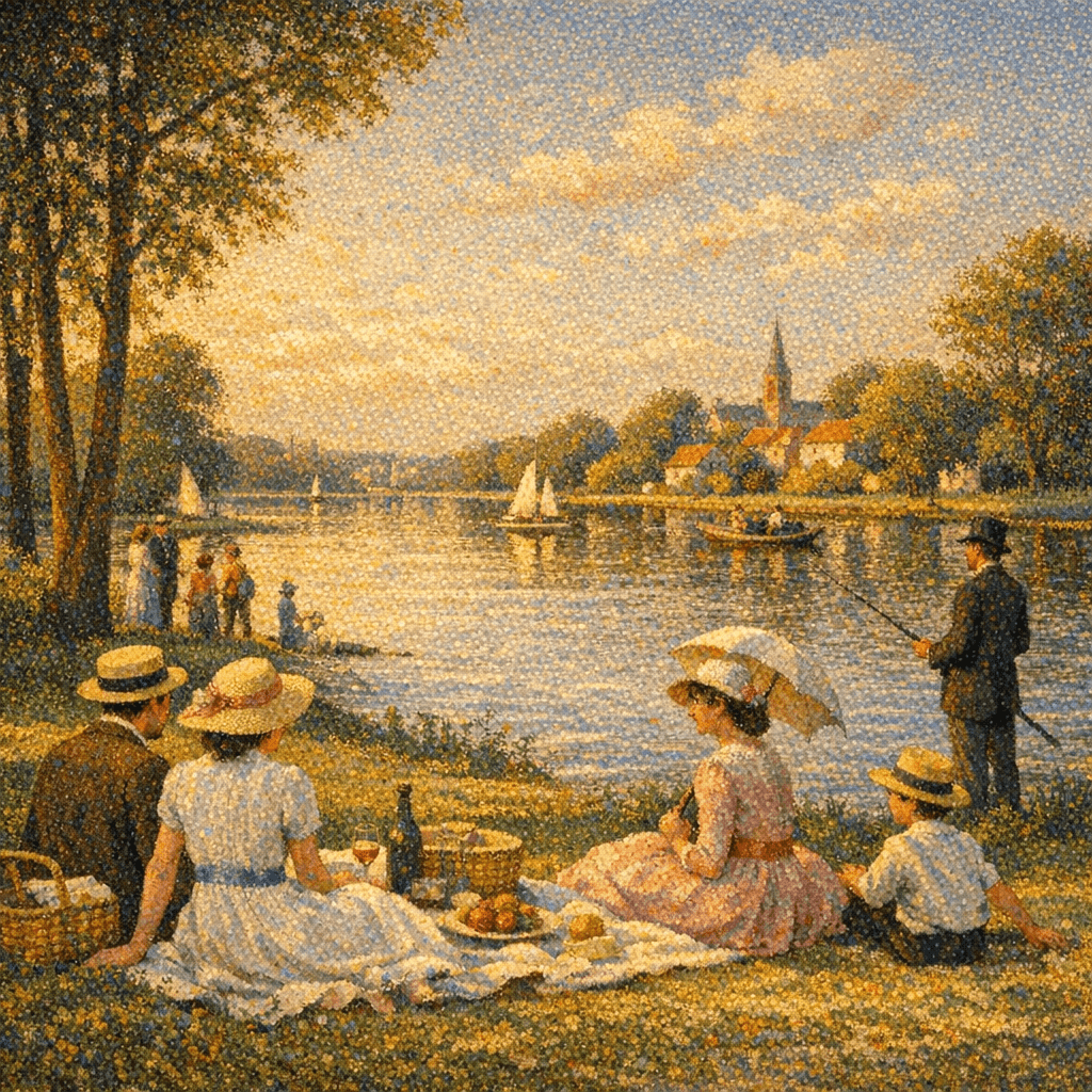 Riverside picnic scene at golden hour