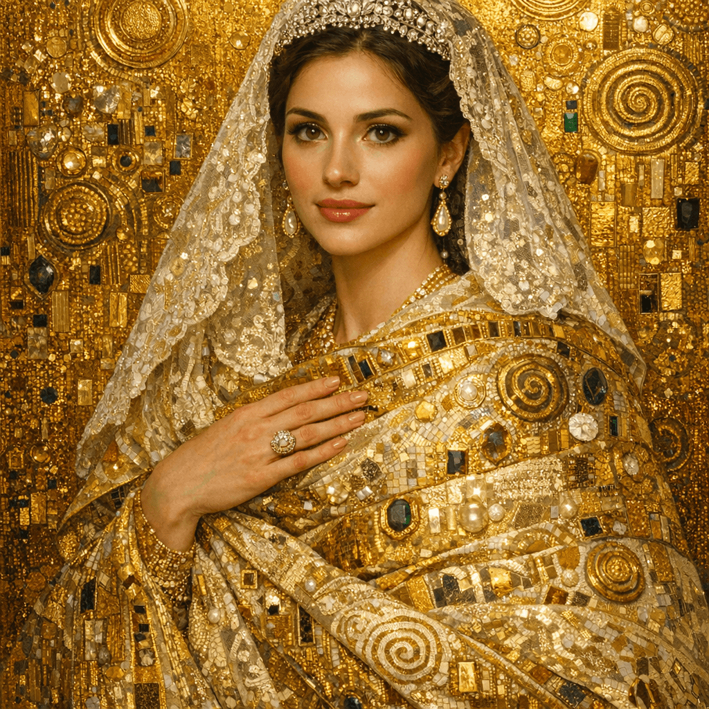 Golden portrait of a bride wrapped in patterned fabric