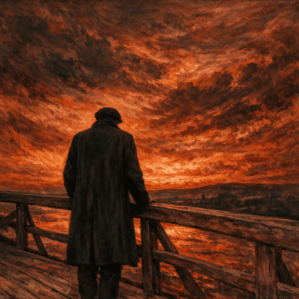 Lonely figure standing on a bridge under a blood-orange sky