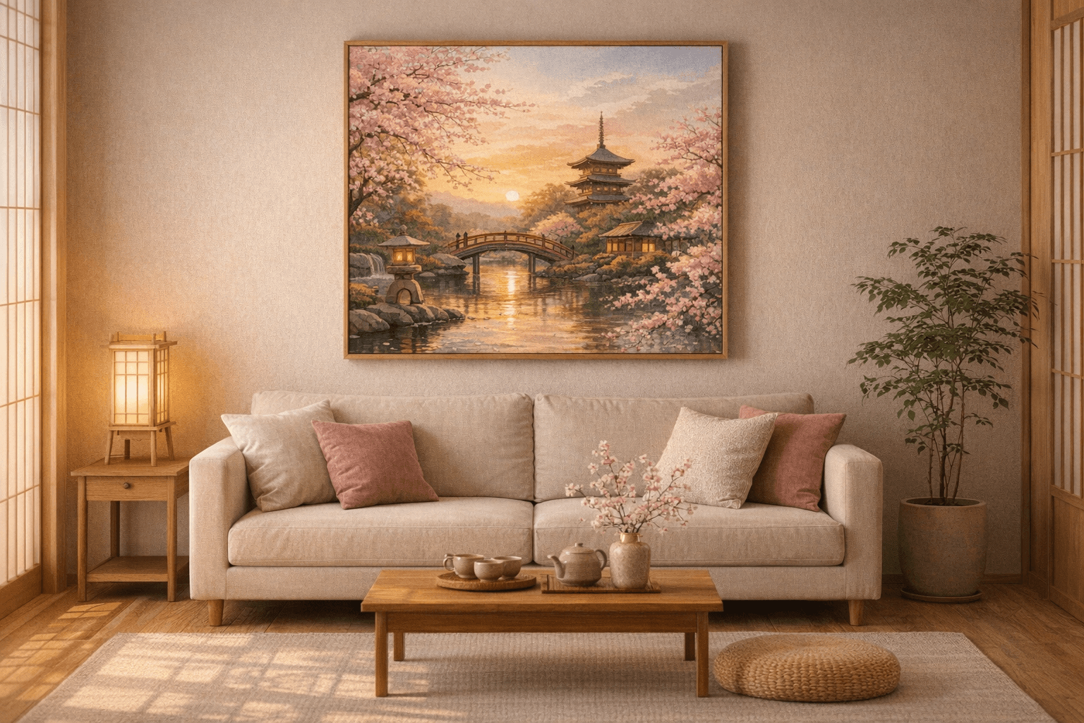 Twilight Over Cherry Blossom Garden