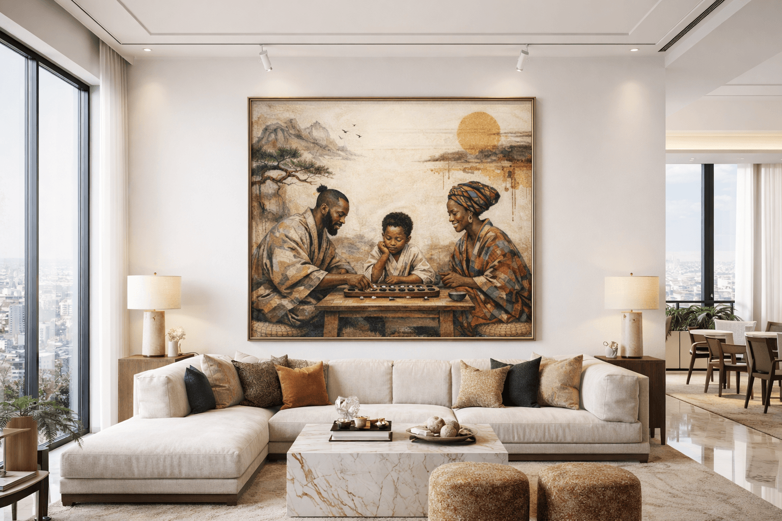African Family Playing Urusoro in Japanese Renaissance Style